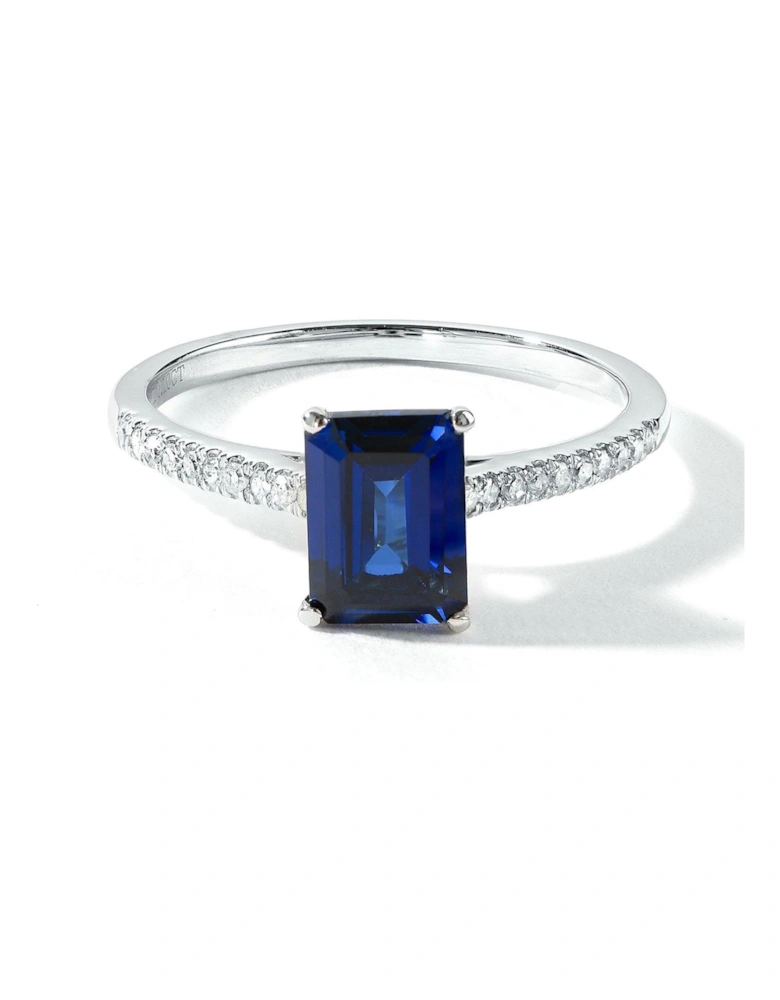 9ct White Gold 7x5 Octagon Created Sapphire and 0.10ct Natural Diamond Ring