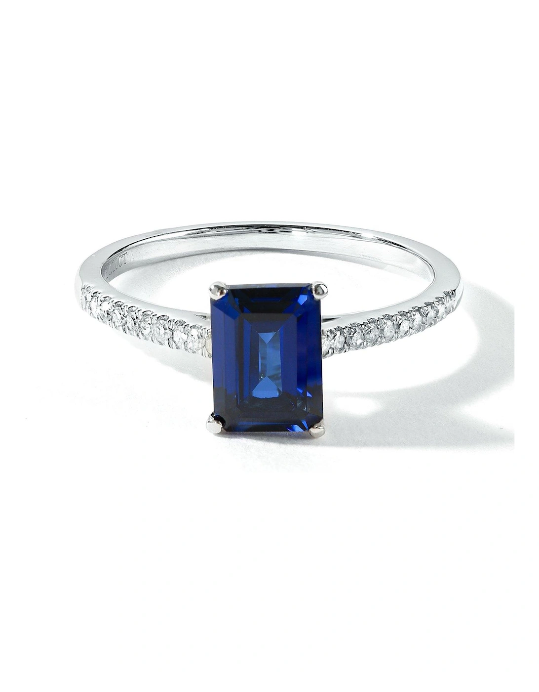 9ct White Gold 7x5 Octagon Created Sapphire and 0.10ct Natural Diamond Ring, 2 of 1