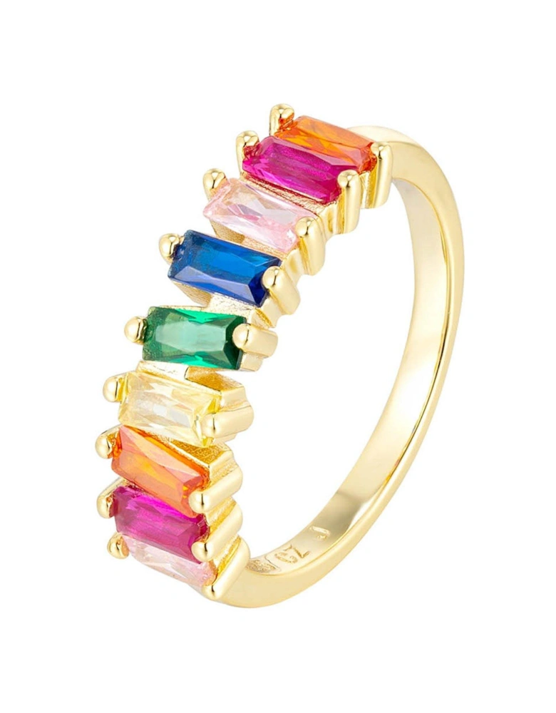 18ct Gold Plated Sterling Silver Baguette Multicoloured CZ Stones Ring