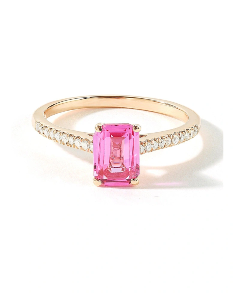 9ct Rose Gold 7x5 Octagon Created Pink Sapphire and 0.10ct Natural Diamond Ring