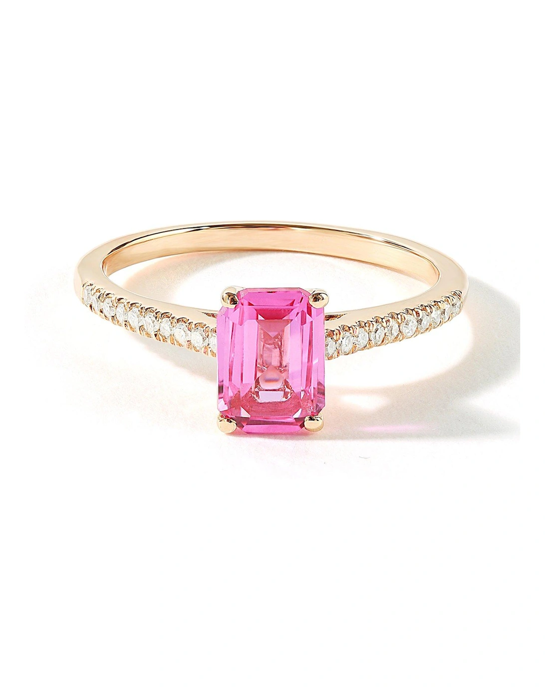 9ct Rose Gold 7x5 Octagon Created Pink Sapphire and 0.10ct Natural Diamond Ring, 2 of 1