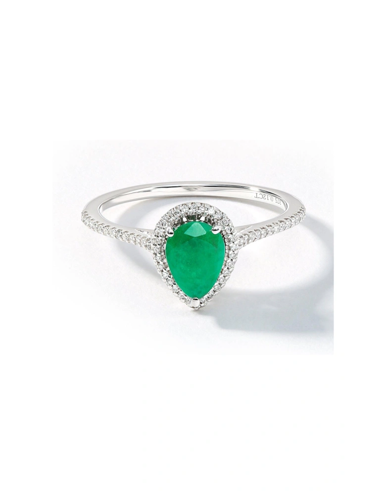 9ct White Gold 7x5 Pear Natural Emerald and 0.14ct Diamond Halo Ring