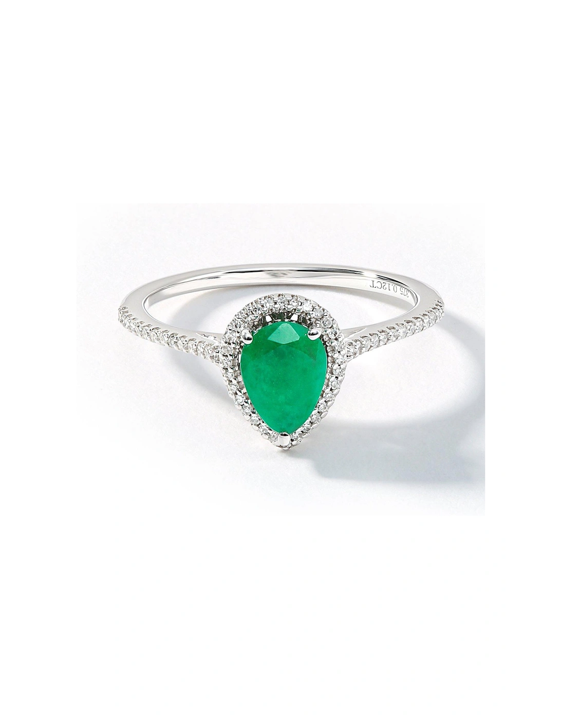 9ct White Gold 7x5 Pear Natural Emerald and 0.14ct Diamond Halo Ring, 2 of 1