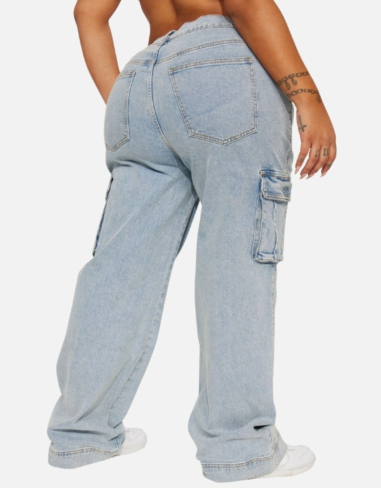 Just A Fling Stretch Straight Leg Cargo - Light Wash Jeans