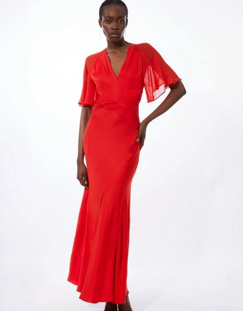 Petite Twist Front Satin and Georgette Mix Woven Maxi Dress