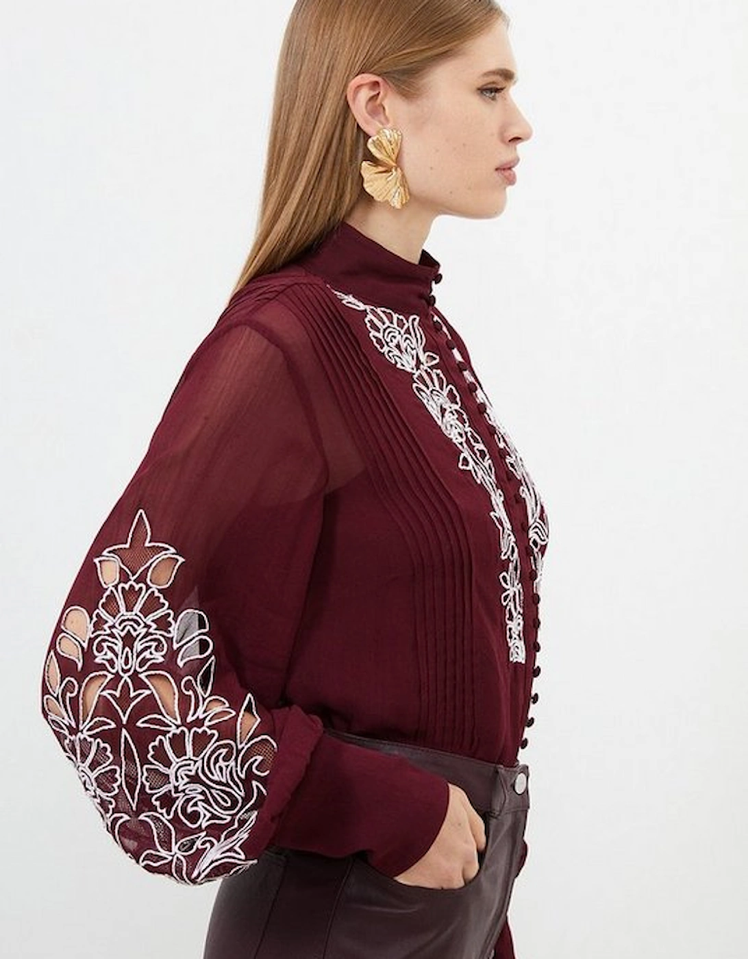 Embroidery Bib Detail Woven Blouse