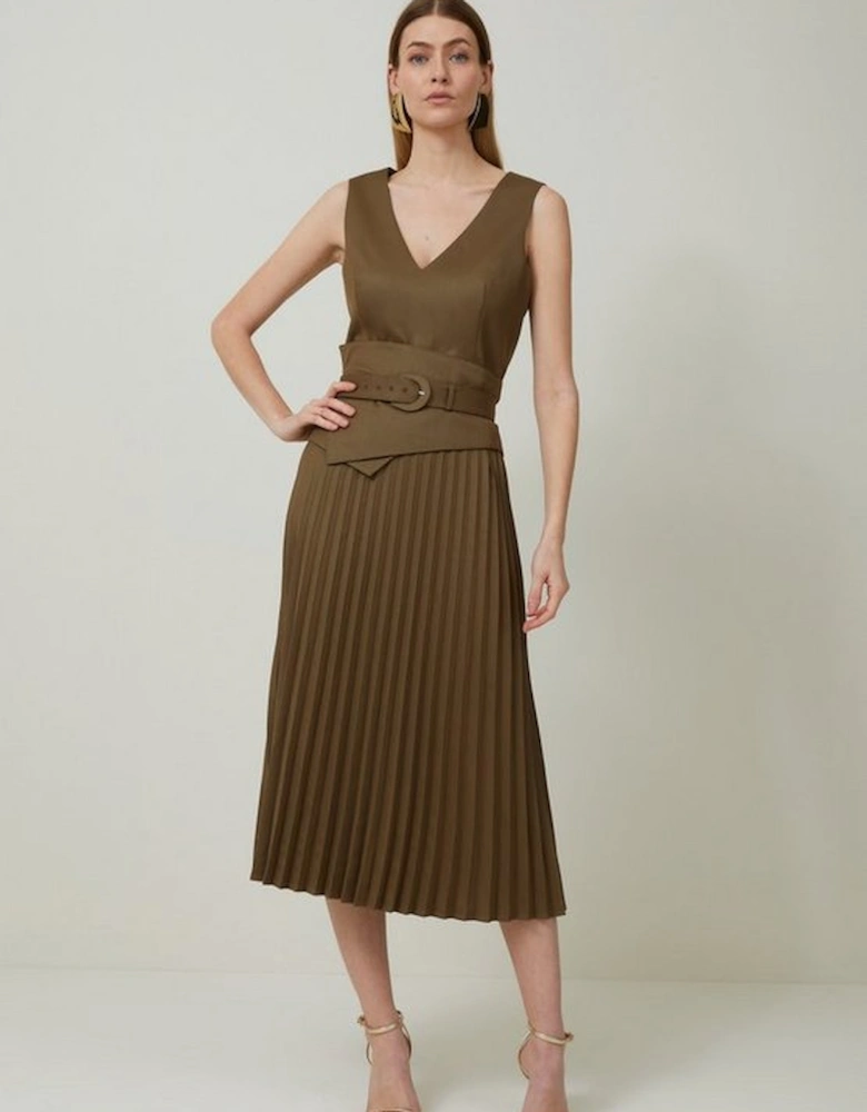 Tailored Wool Blend Belted Pleat Detail Midi Dress