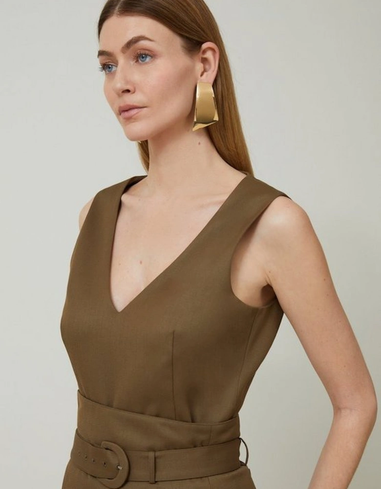 Tailored Wool Blend Belted Pleat Detail Midi Dress