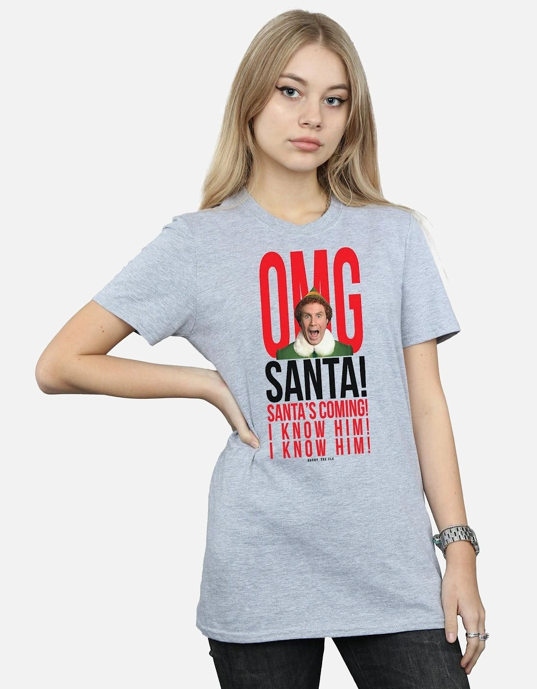 Womens/Ladies OMG Santa I Know Him Cotton Boyfriend T-Shirt
