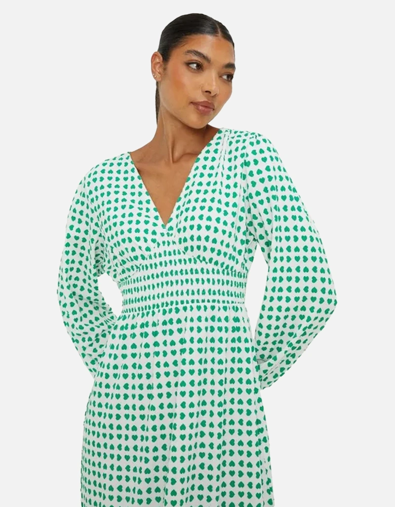 Womens/Ladies Heart Shirred Waist Long-Sleeved Midi Dress
