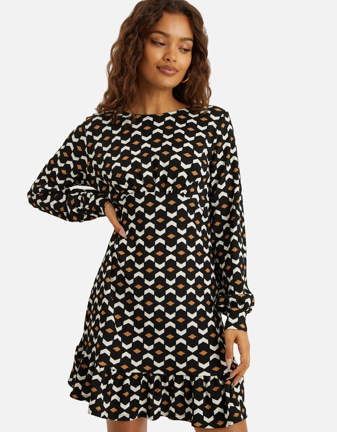 Womens/Ladies Geometric Frill Hem Petite Mini Dress