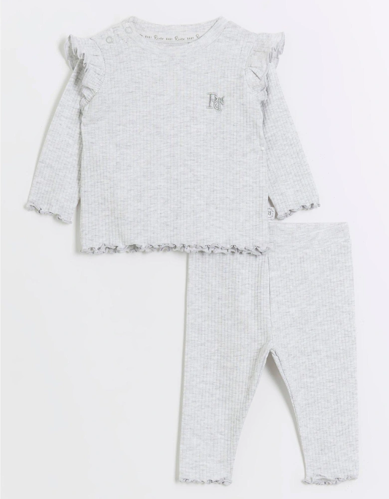 Baby Girls Frill Rib Long Sleeve Set - Grey