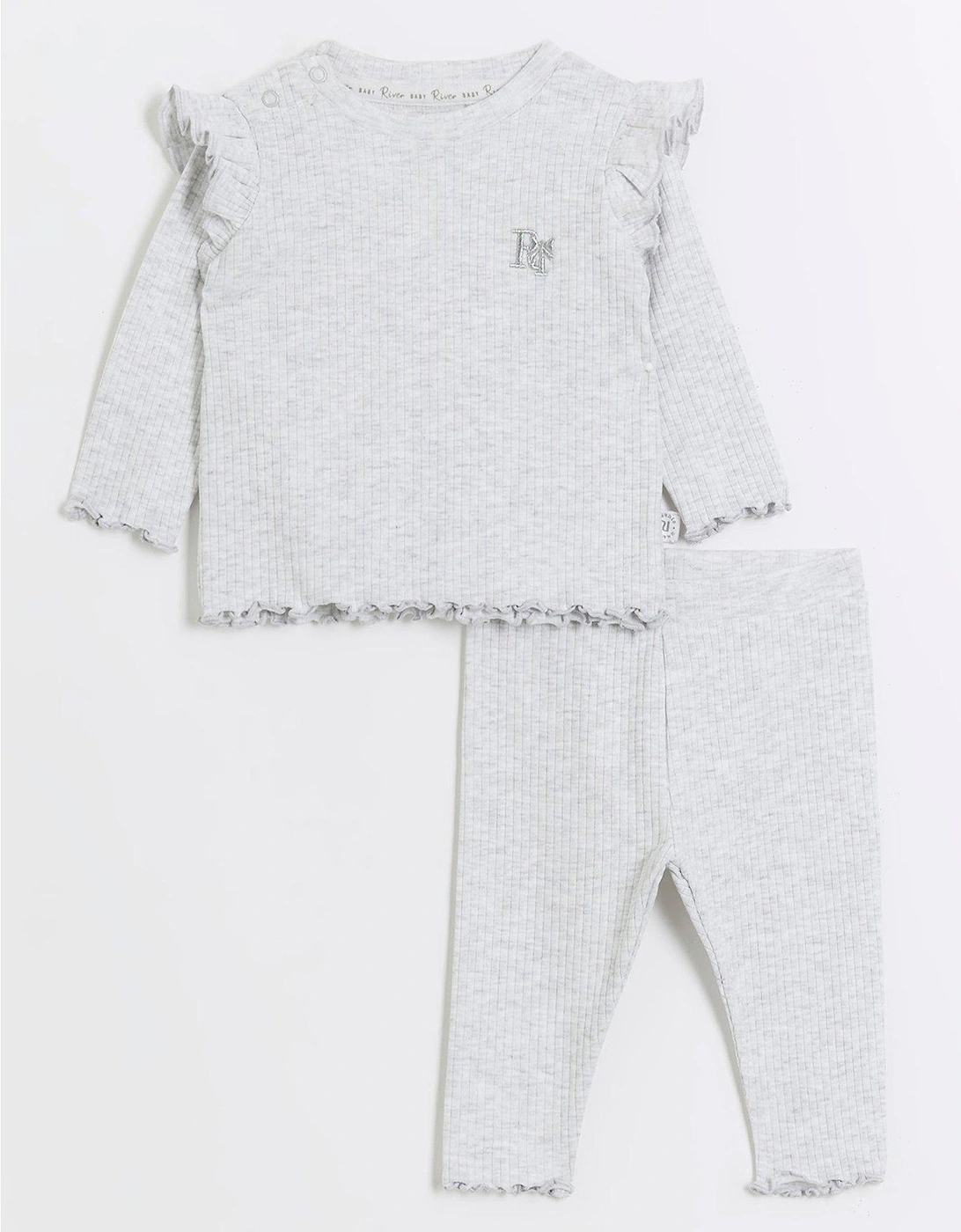 Baby Girls Frill Rib Long Sleeve Set - Grey, 6 of 5