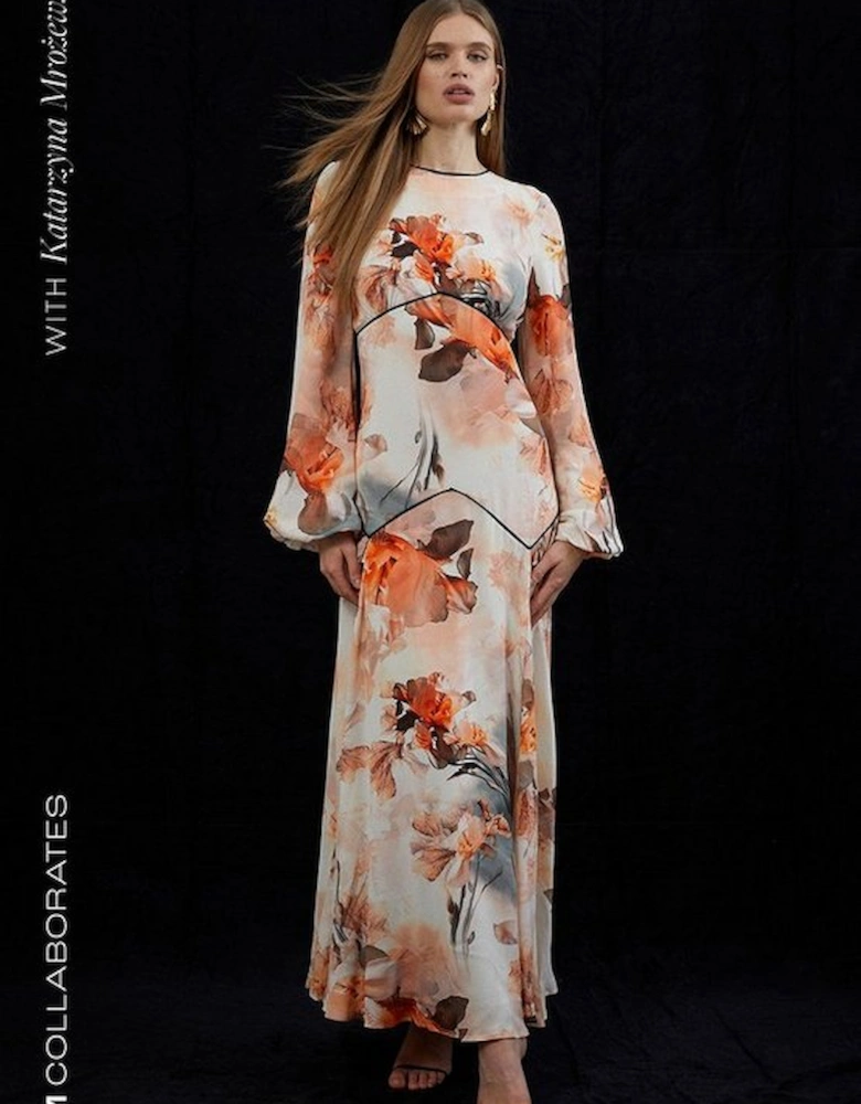 Blurred Floral Woven Column Maxi Dress