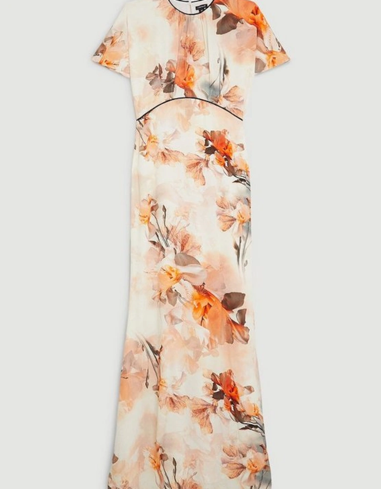 Blurred Floral Woven Column Angel Sleeve Maxi Dress