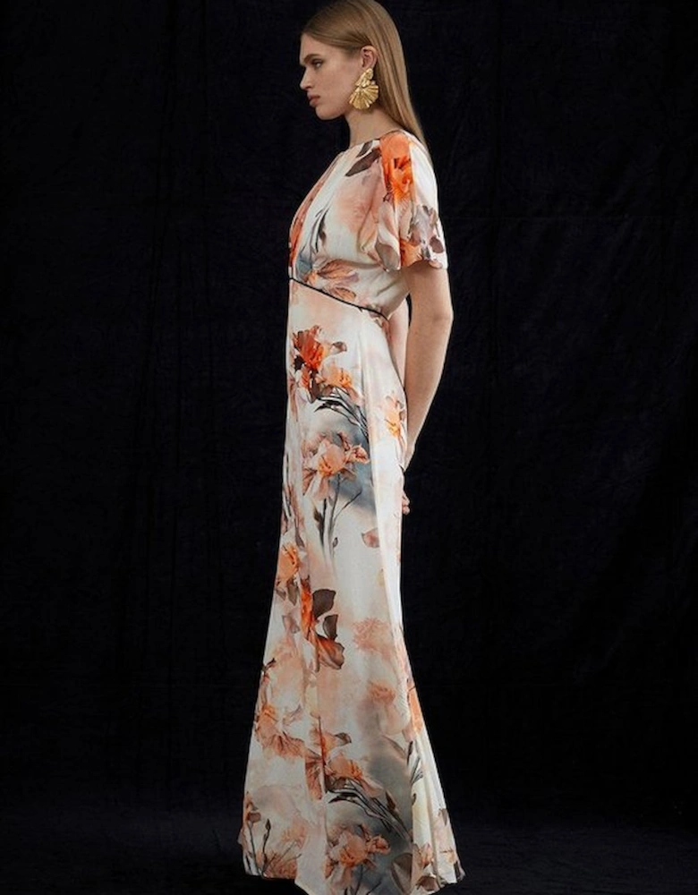 Blurred Floral Woven Column Angel Sleeve Maxi Dress