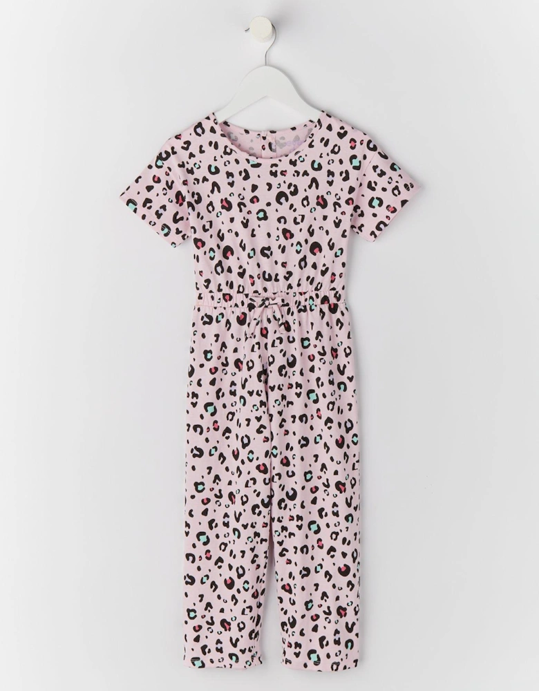 Girls Leopard Print Short Sleeve Jersey Jumpsuit - Pink