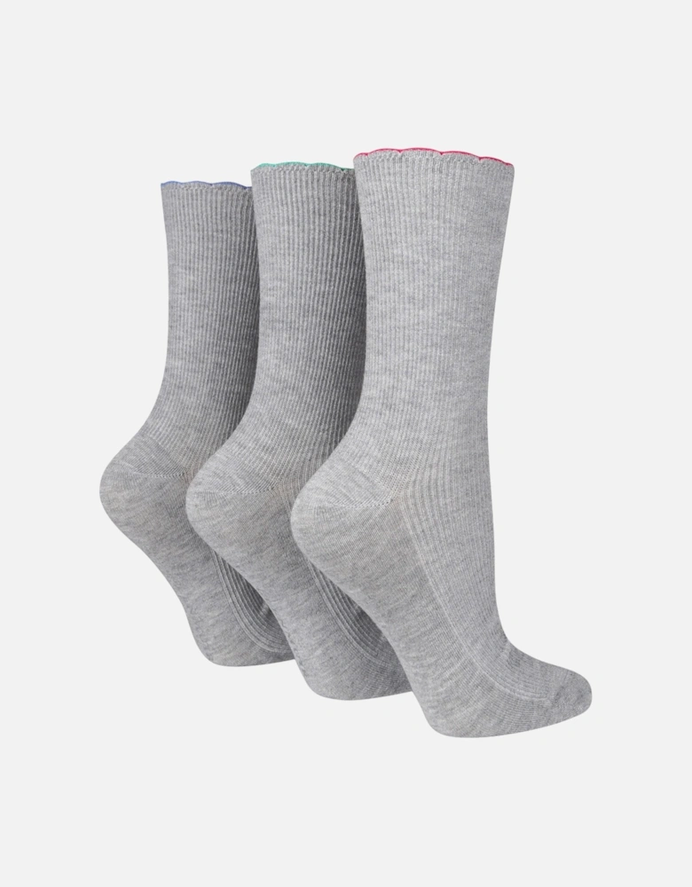 3 PAIR LADIES SOCKS RIBBED SCALLOP HEM WITH COLOURED TIPPING