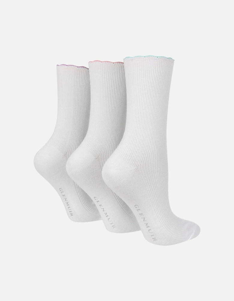 3 PAIR LADIES SOCKS RIBBED SCALLOP HEM WITH COLOURED TIPPING
