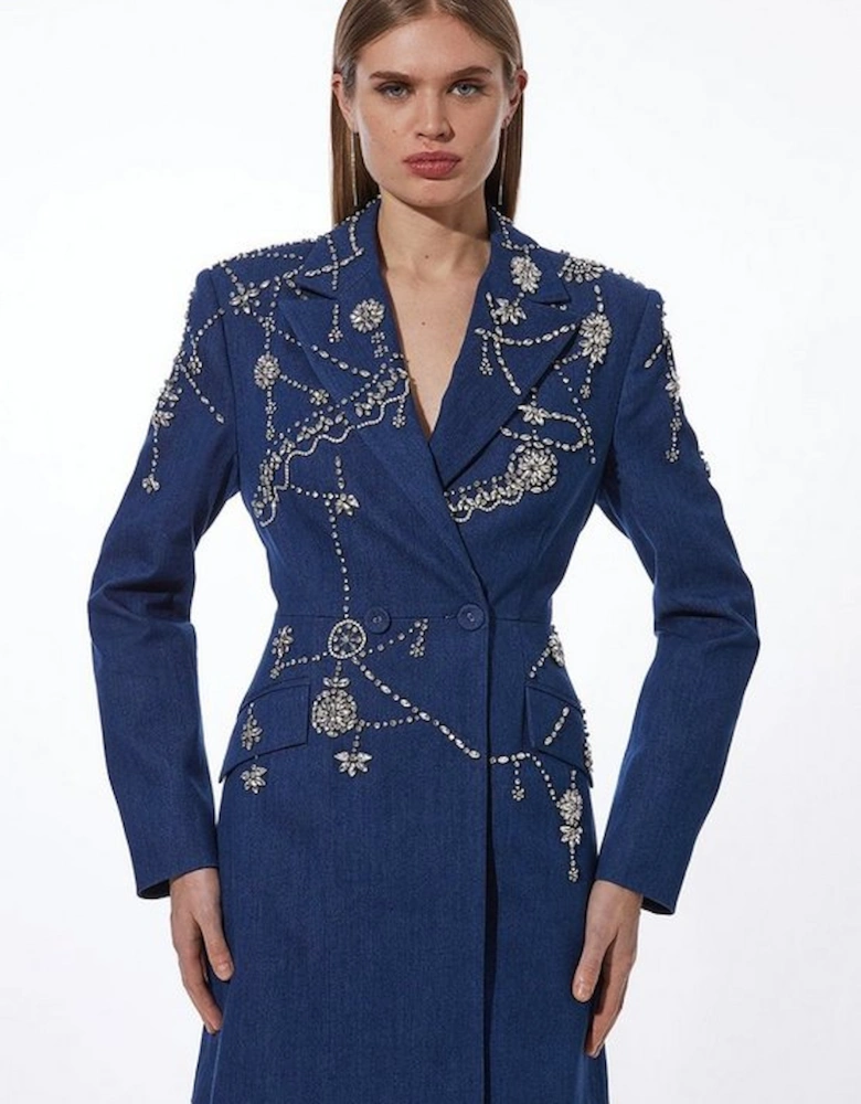 Premium Crystal Embellished Denim Blazer Dress