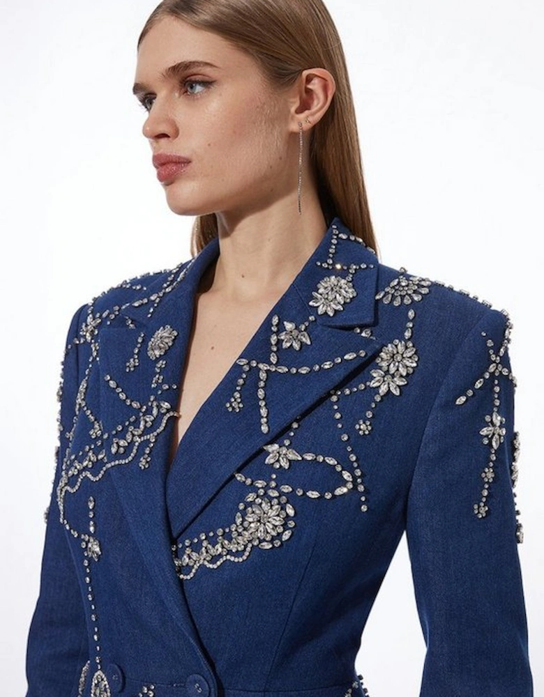 Premium Crystal Embellished Denim Blazer Dress