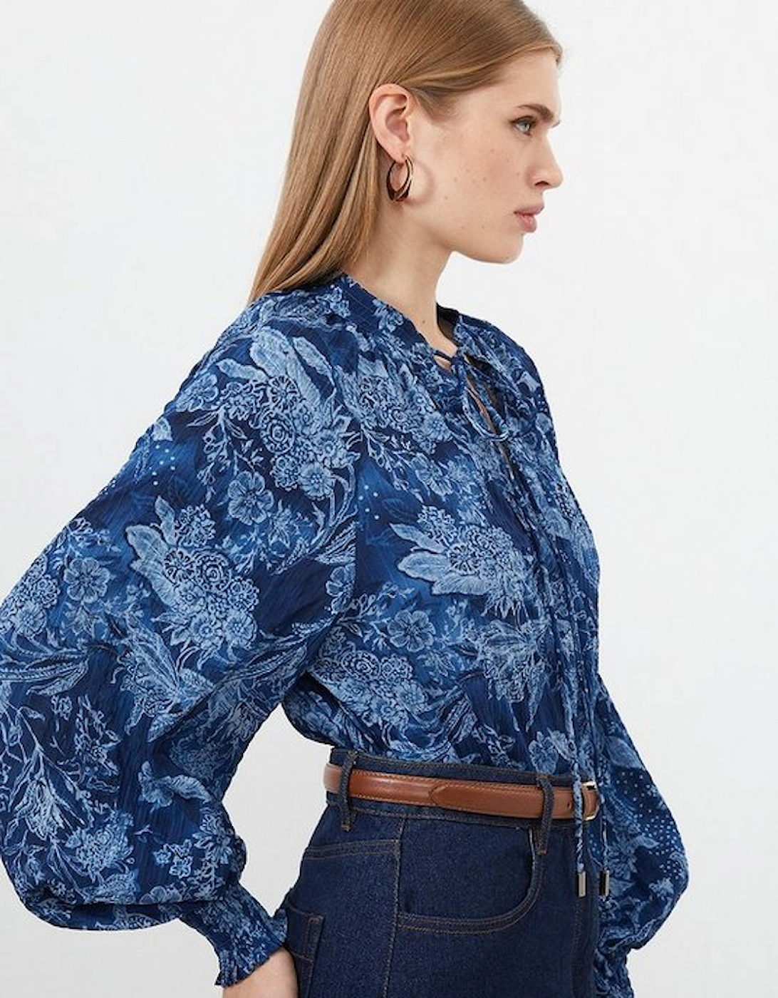 Top Stitch Floral Crinkle Cotton Woven Blouse