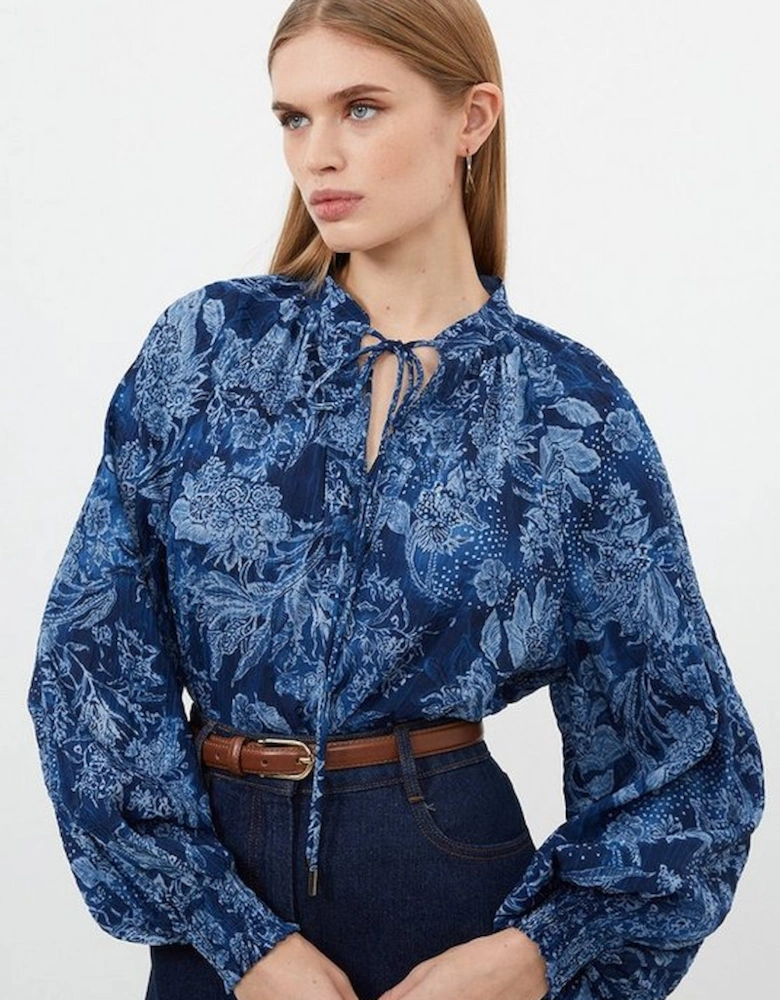 Top Stitch Floral Crinckle Cotton Woven Blouse