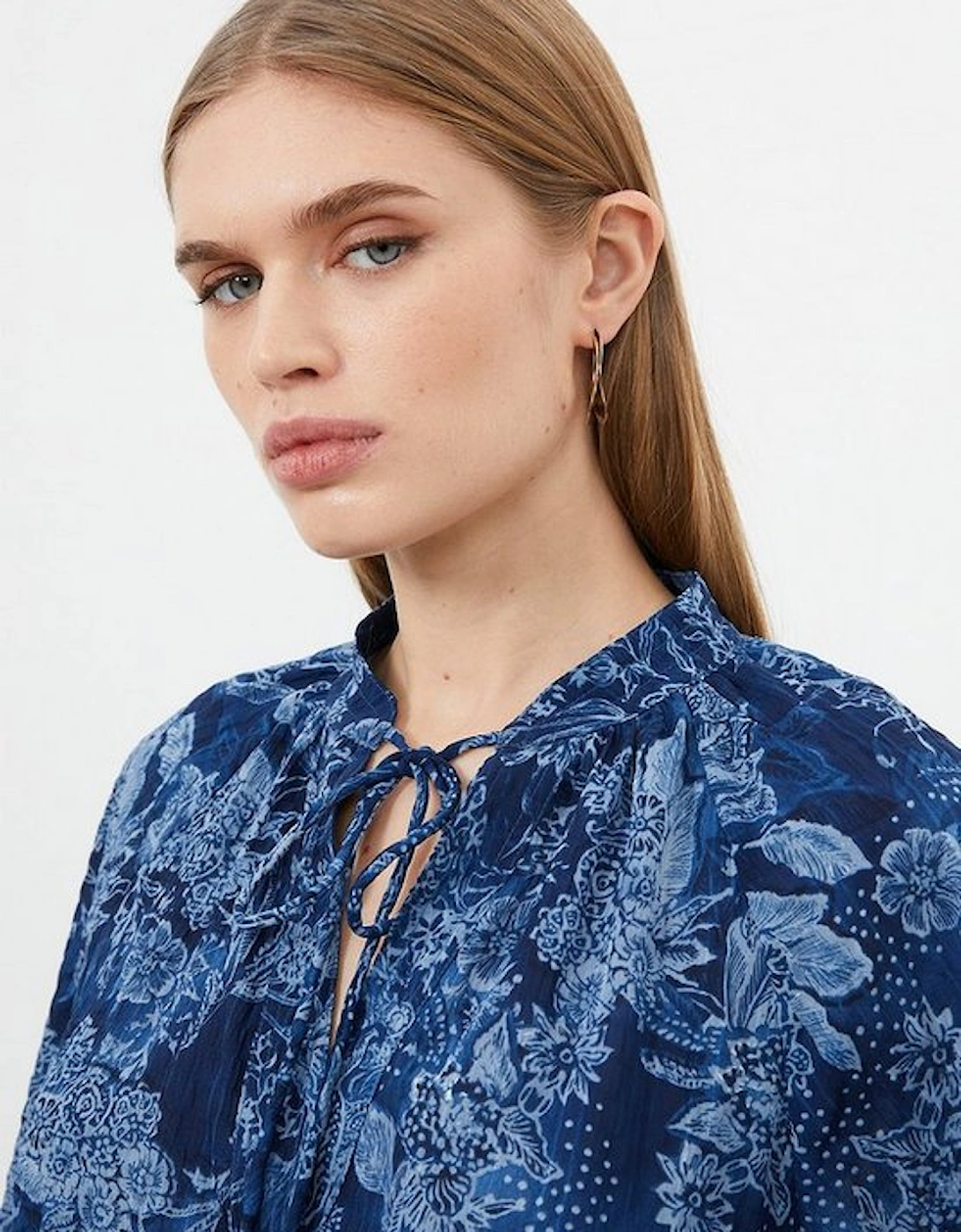 Top Stitch Floral Crinkle Cotton Woven Blouse