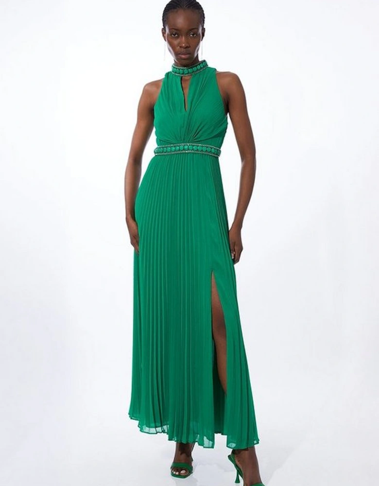 Halter Diamante Enamel Trim Woven Pleated Split Maxi Dress