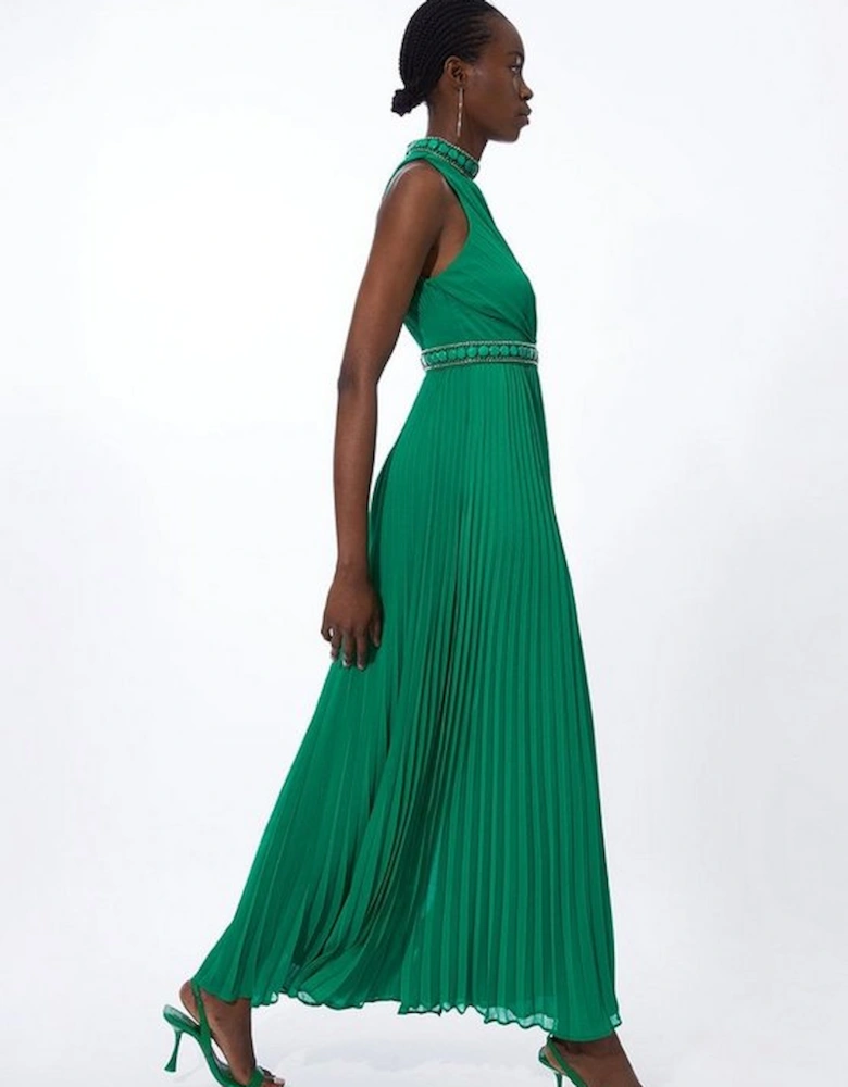 Halter Diamante Enamel Trim Woven Pleated Split Maxi Dress