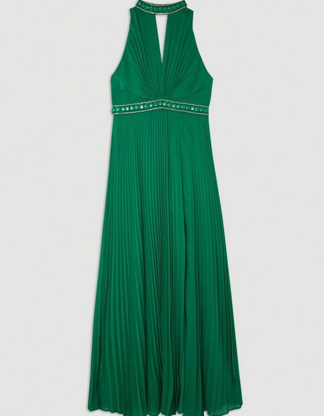 Halter Diamante Enamel Trim Woven Pleated Split Maxi Dress