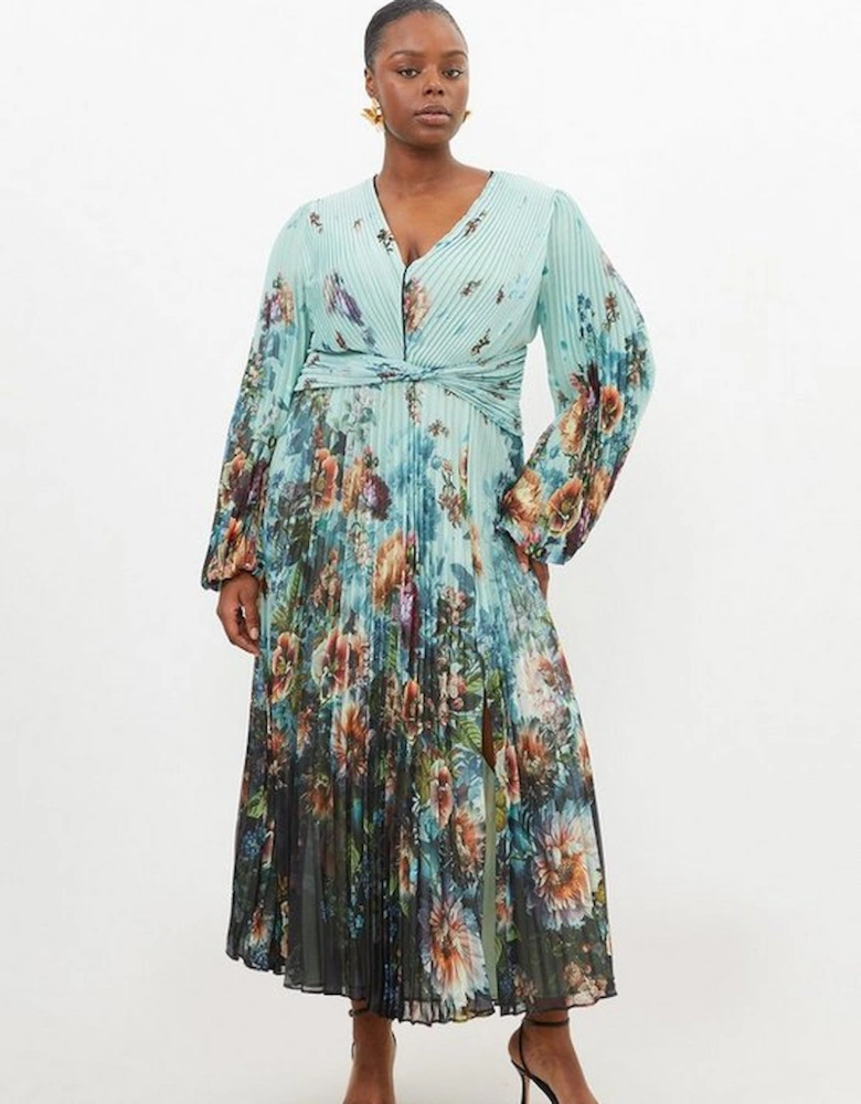 Plus Size Printed Pleated Yoryu Crinkle Cut Out Woven Maxi Dress