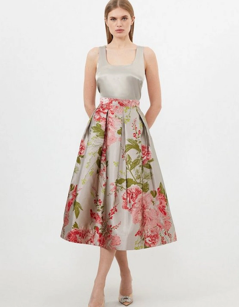 Vintage Floral Print Woven Prom Midi Skirt