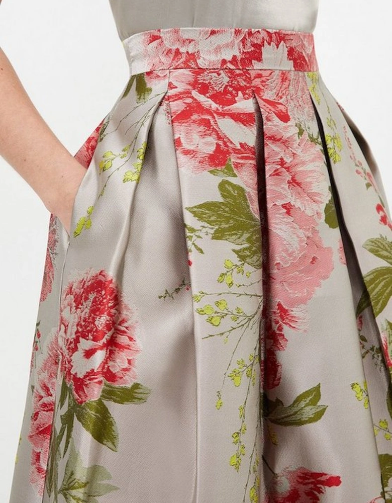 Vintage Floral Print Woven Prom Midi Skirt
