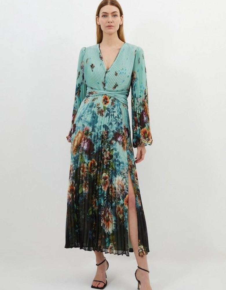Printed Pleated Yoryu Crinkle Cut Out Woven Maxi Dress
