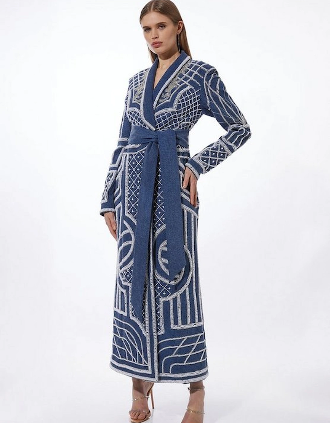 Pearl Embellished Woven Denim Maxi Blazer Dress, 5 of 4