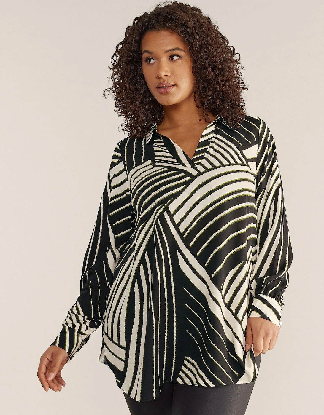 Notch Neck Linear Print Blouse - Black, 2 of 1