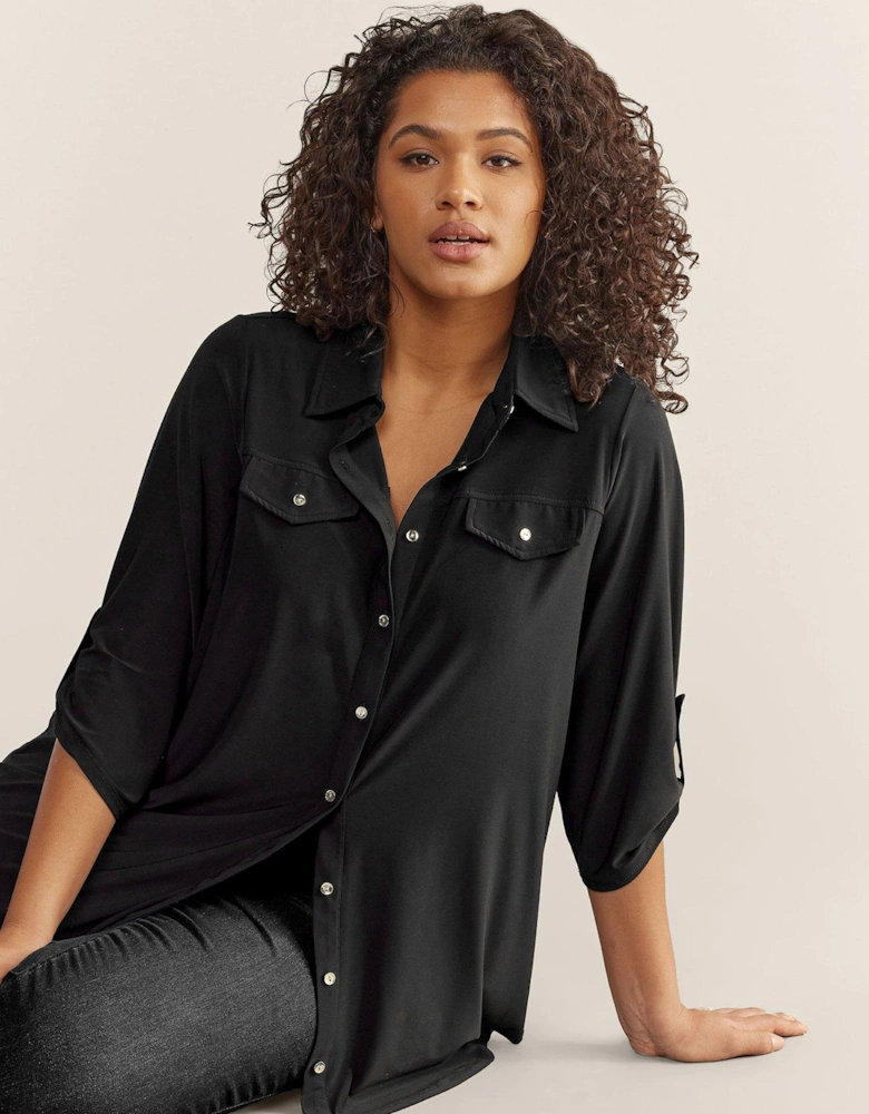 Turn Back Sleeve Blouse - Black