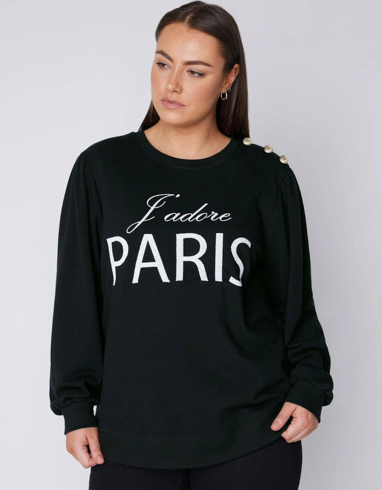 Embroidered Paris Sweatshirt With Button Detail - Black
