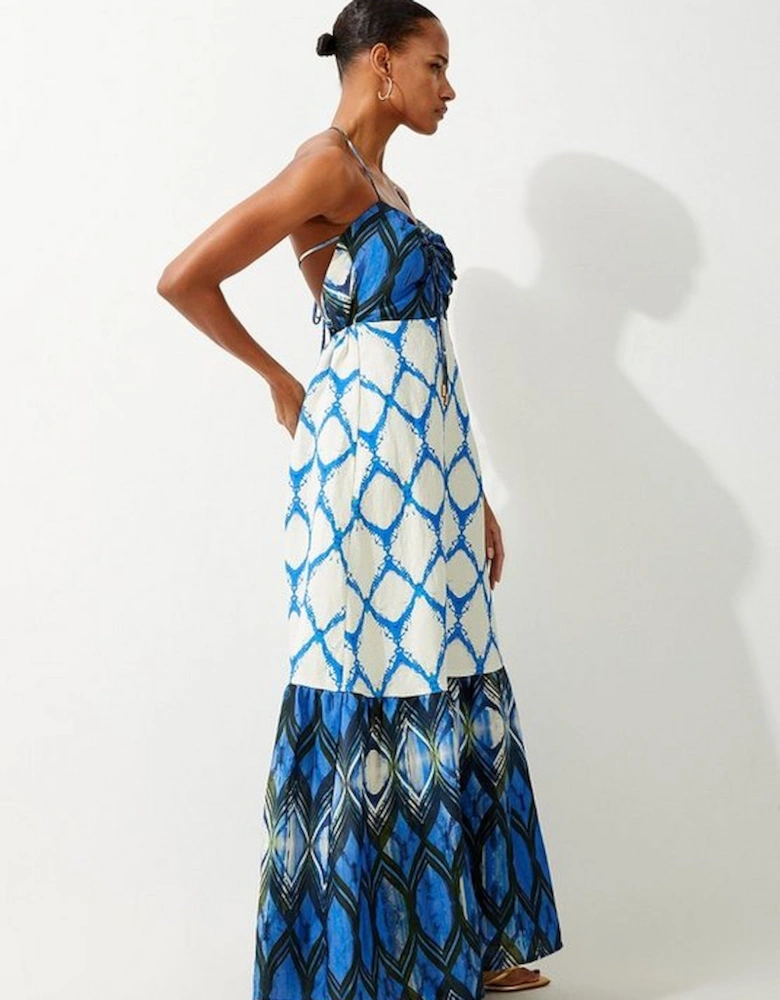 Tile Printed Viscose Linen Woven Maxi Beach Dress