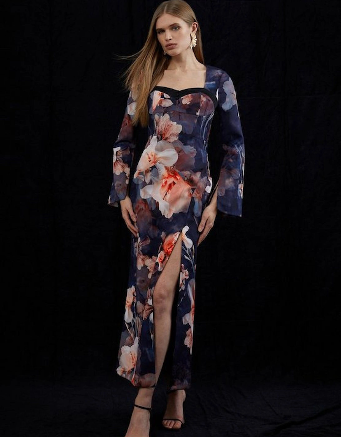 Tall Contrast Satin Floral Long Sleeve Woven Midi Dress, 5 of 4