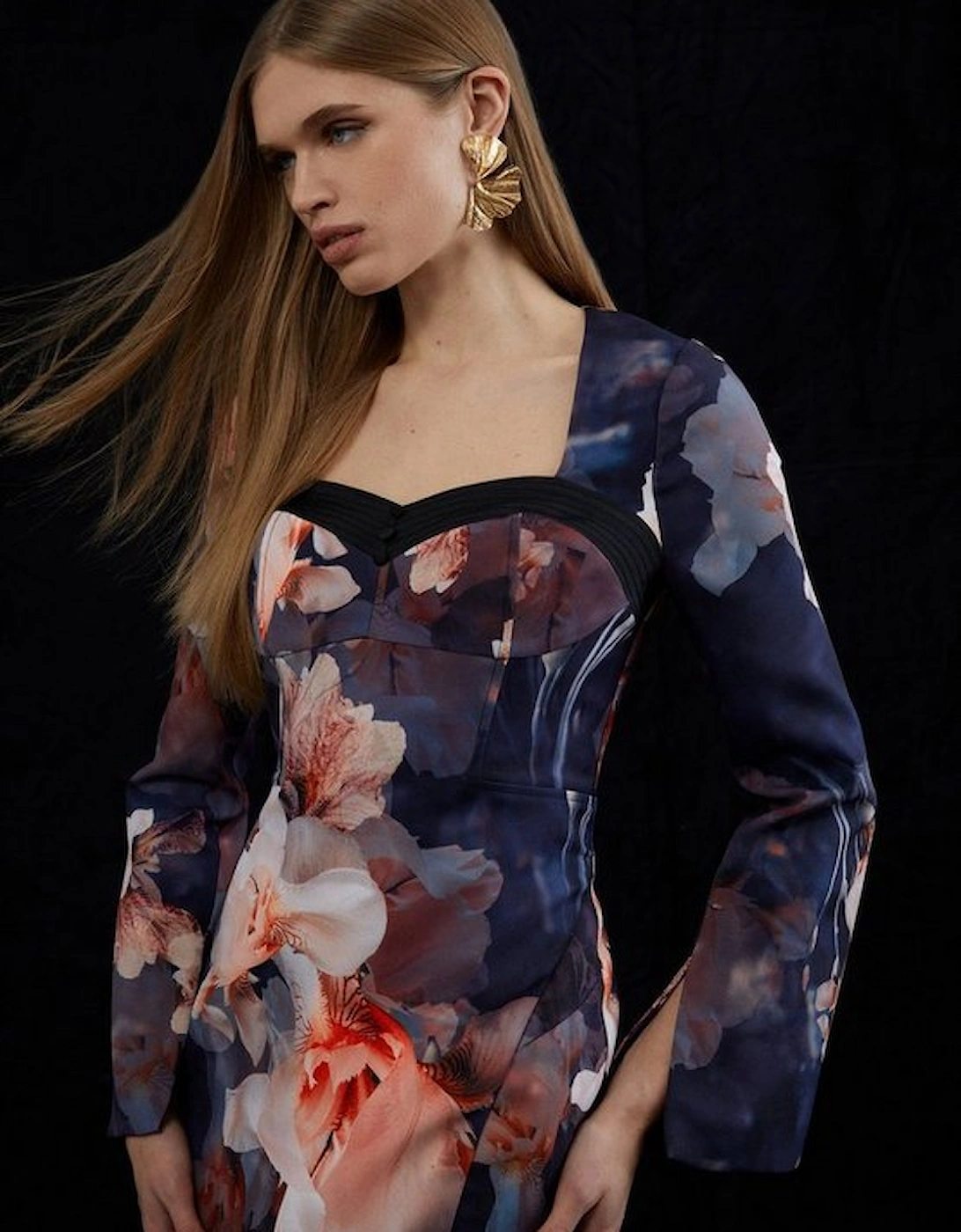 Tall Contrast Satin Floral Long Sleeve Woven Midi Dress