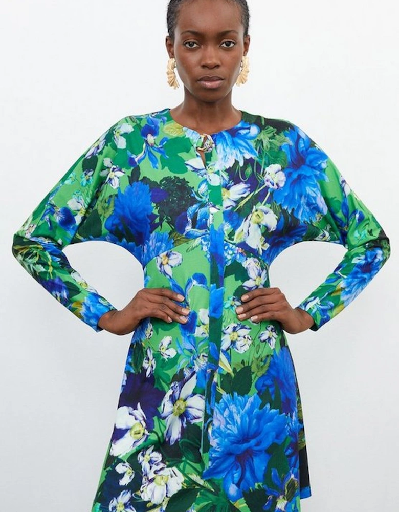 Floral Jungle Jersey Crepe Batwing Sleeve Mini Dress