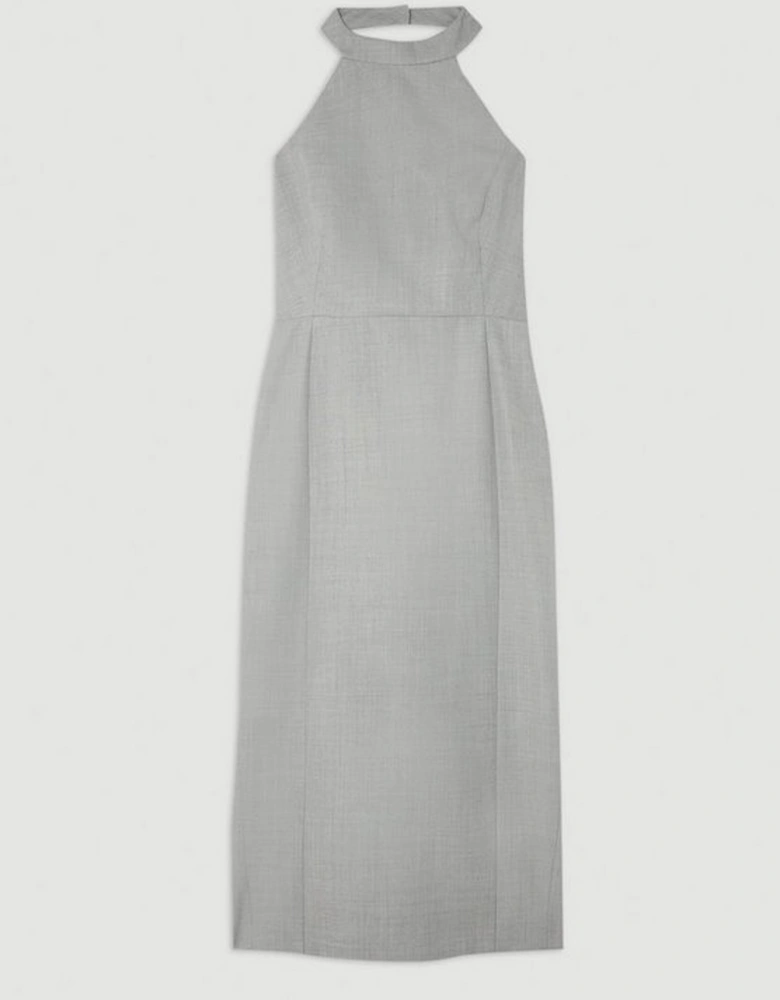 Tailored Wool Blend Tie Back Detail Halter Neck Pencil Dress
