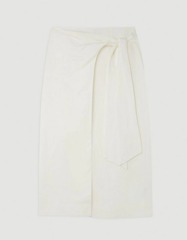 Viscose Linen Woven Tie Wrap Midi Skirt