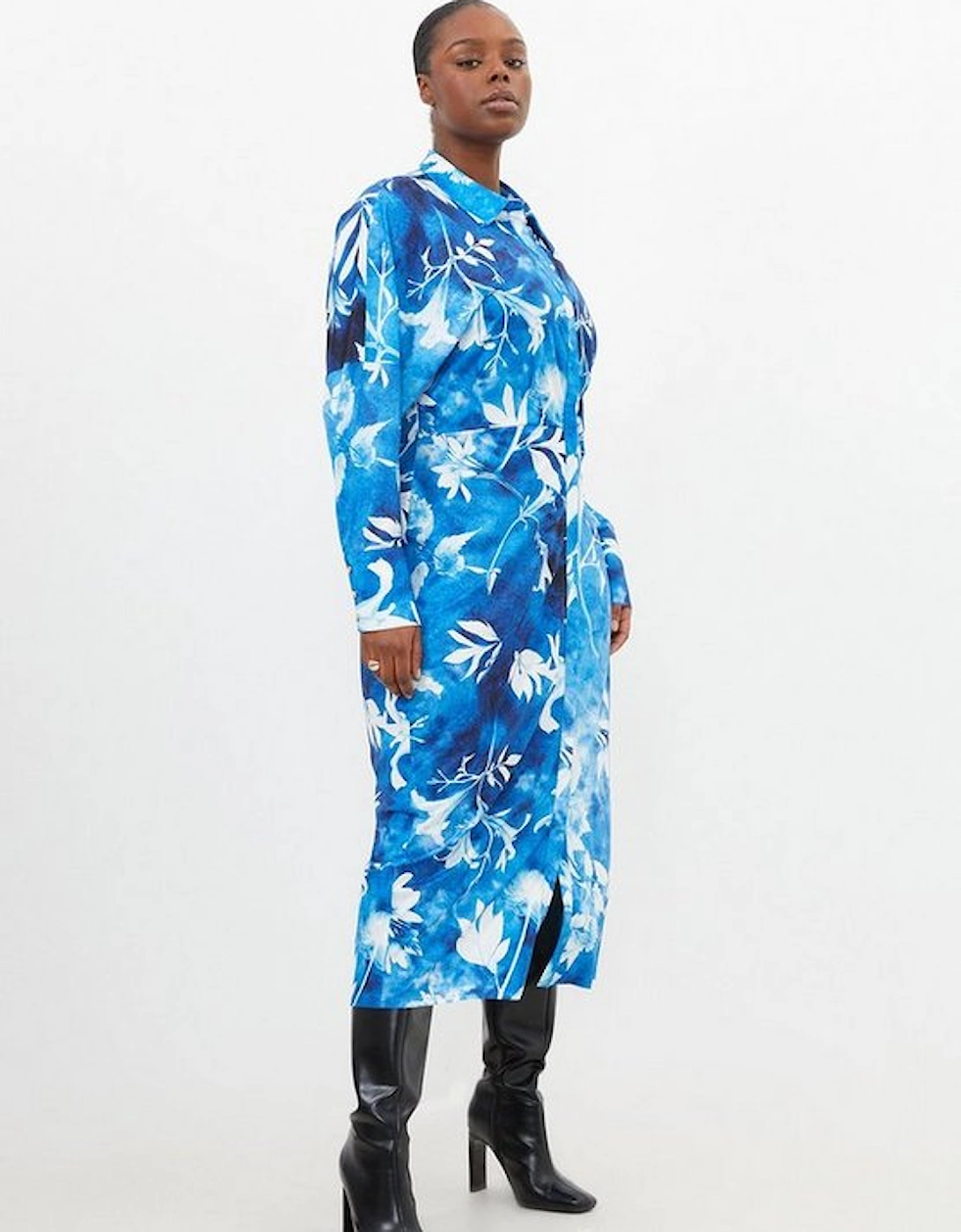 Plus Size Pressed Floral Jersey Crepe Maxi Shirt Dress