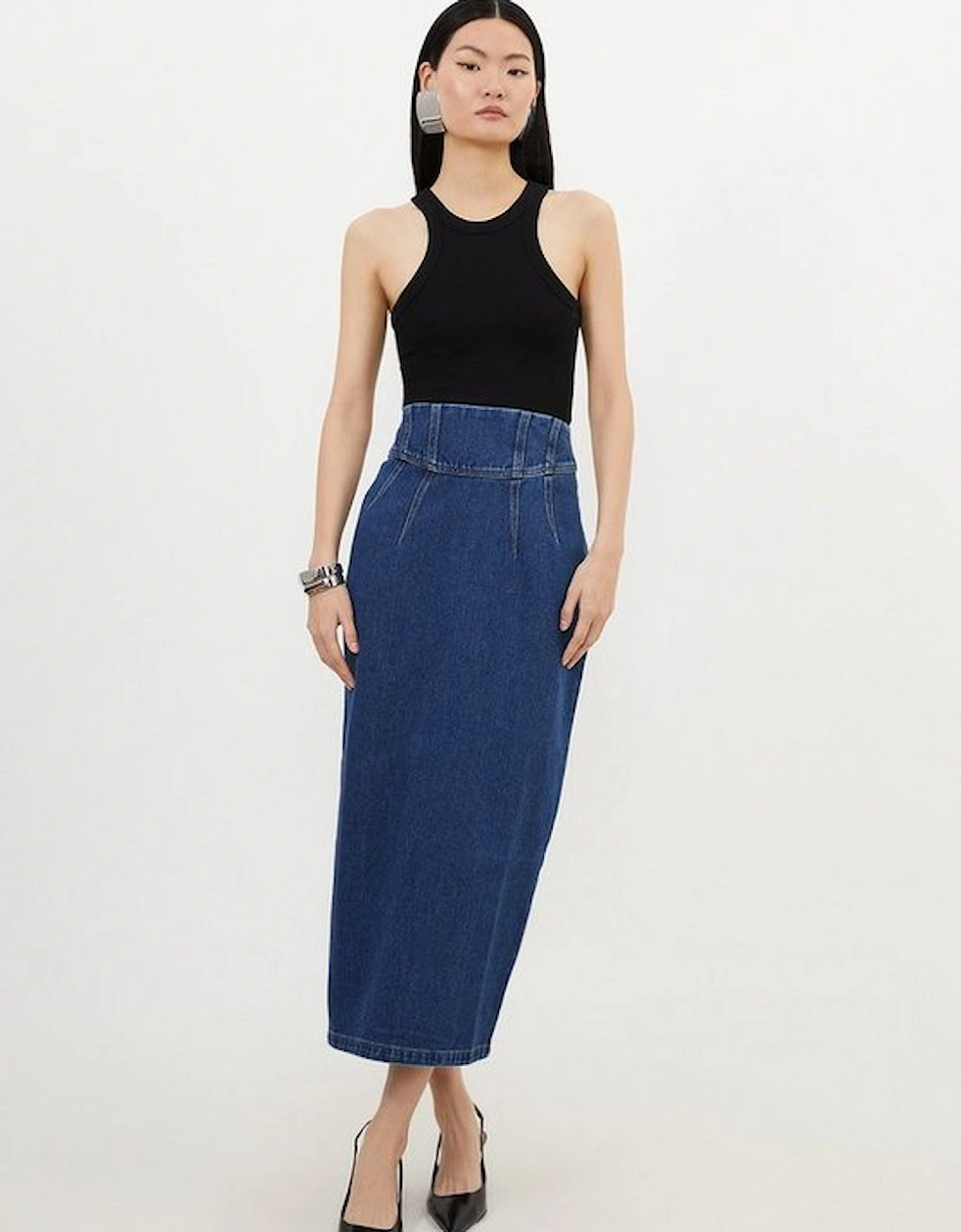 Corset Waist Denim Midi Skirt, 5 of 4