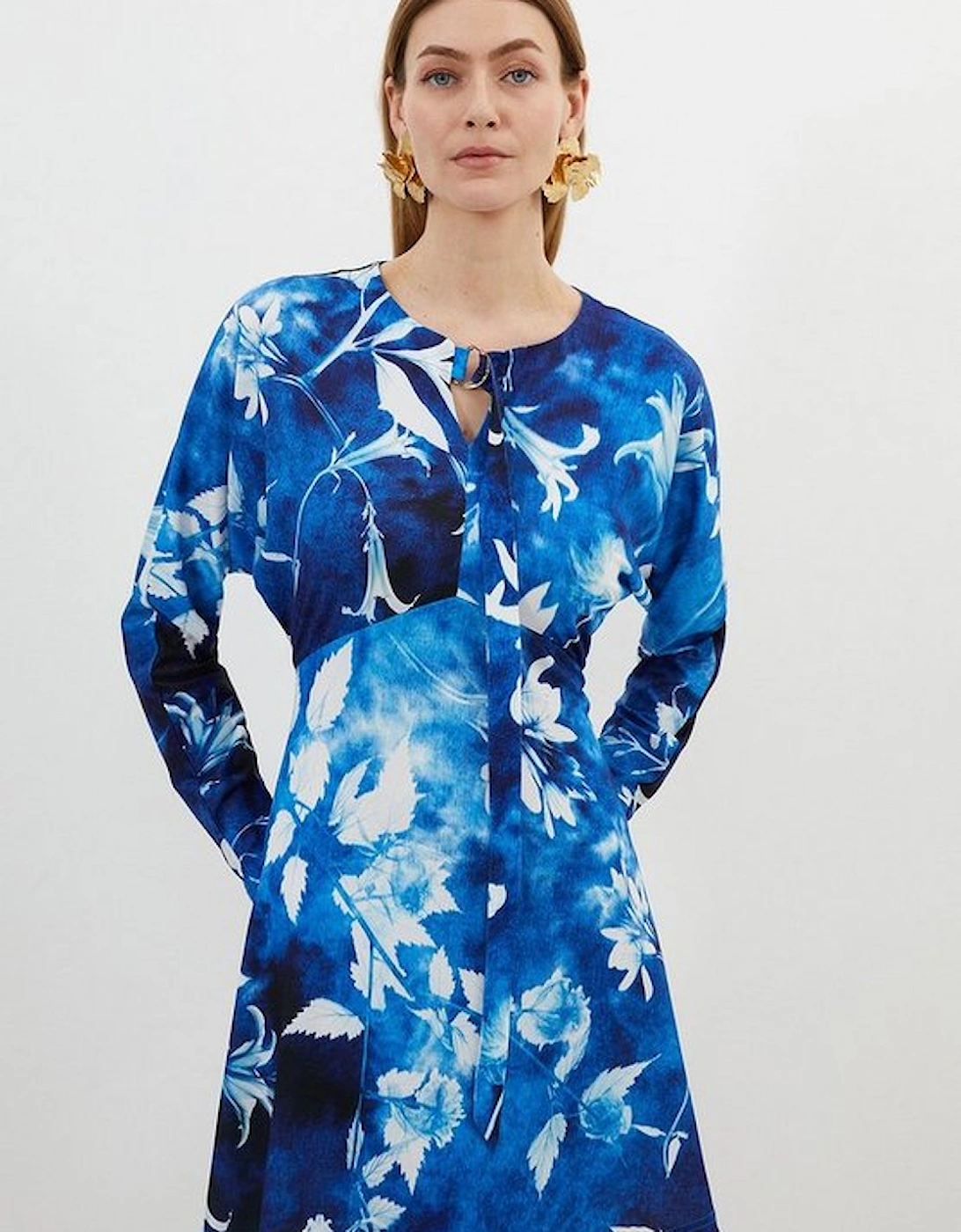 Pressed Floral Print Jersey Crepe Batwing Sleeve Mini Dress, 5 of 4