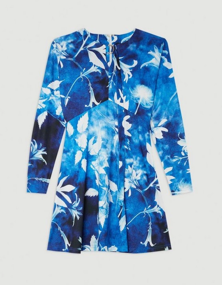 Pressed Floral Print Jersey Crepe Batwing Sleeve Mini Dress