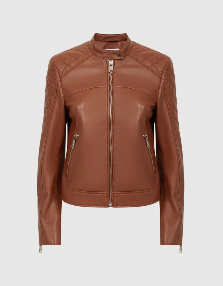 Leather Collarless Quilted Jacket